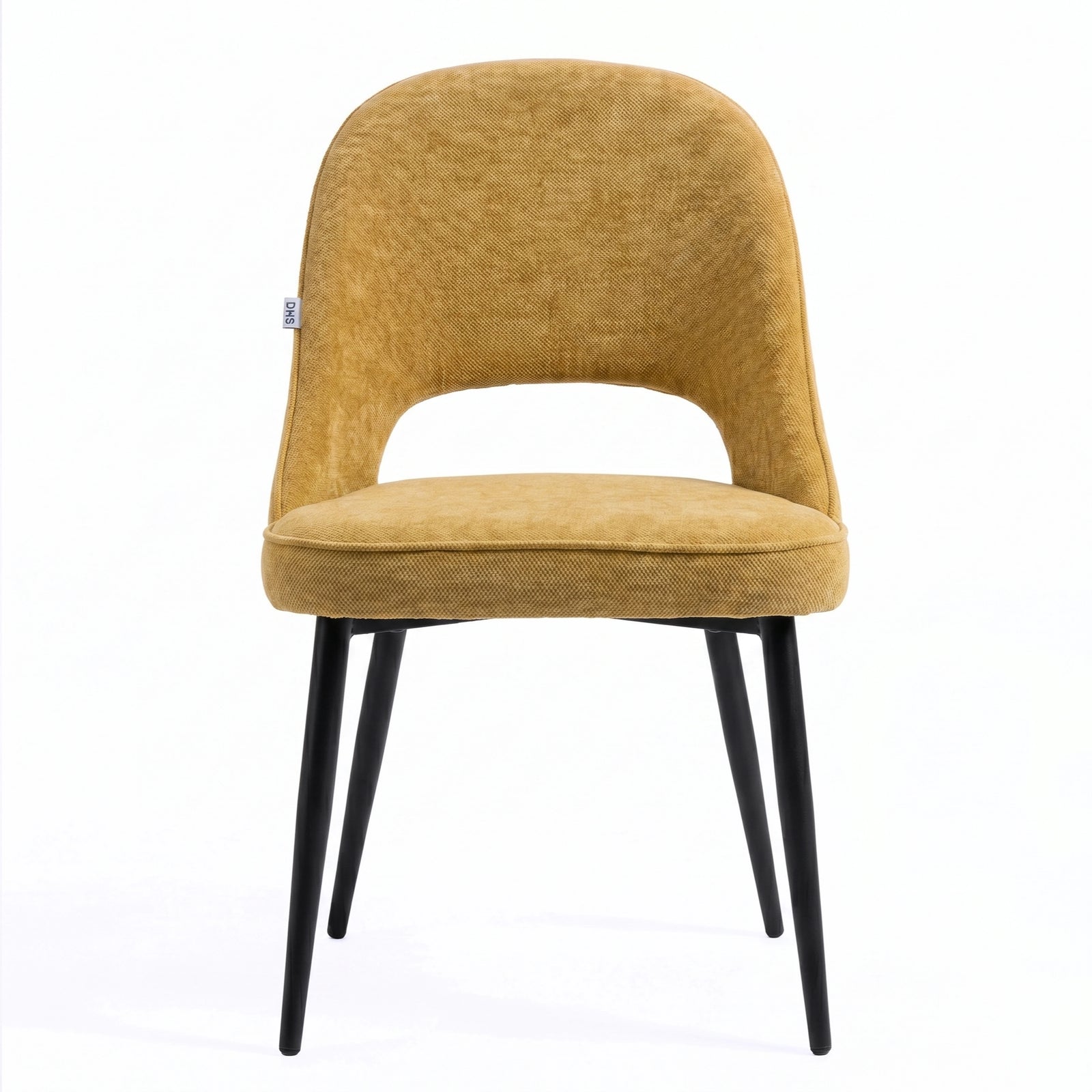 [Mustard | Clear] Kyvon mustard upholstered fabric comfy curve chair front view with rounded back and cushioned seat