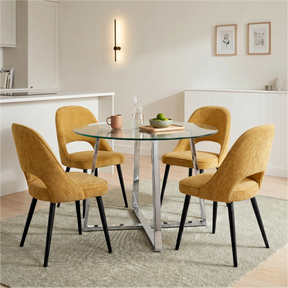 [Mustard | Clear] Kyvon round glass dining set with 110cm round table, chrome legs and 4 mustard chairs in a dining room