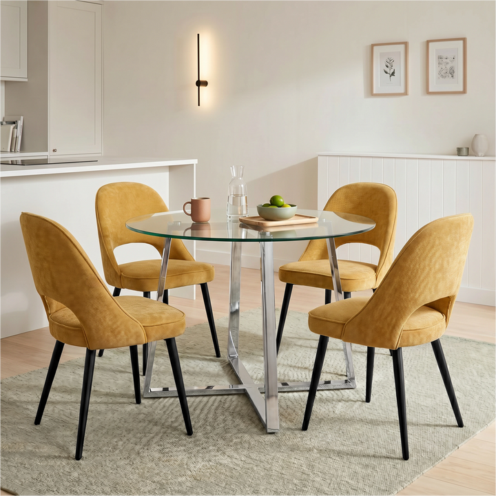 [Mustard | Clear] Kyvon round glass dining set with 110cm round table, chrome legs and 4 mustard chairs in a dining room