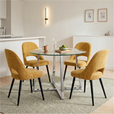[Mustard] Kyvon round glass dining set with 110cm round table, chrome legs and 4 mustard chairs in a dining room