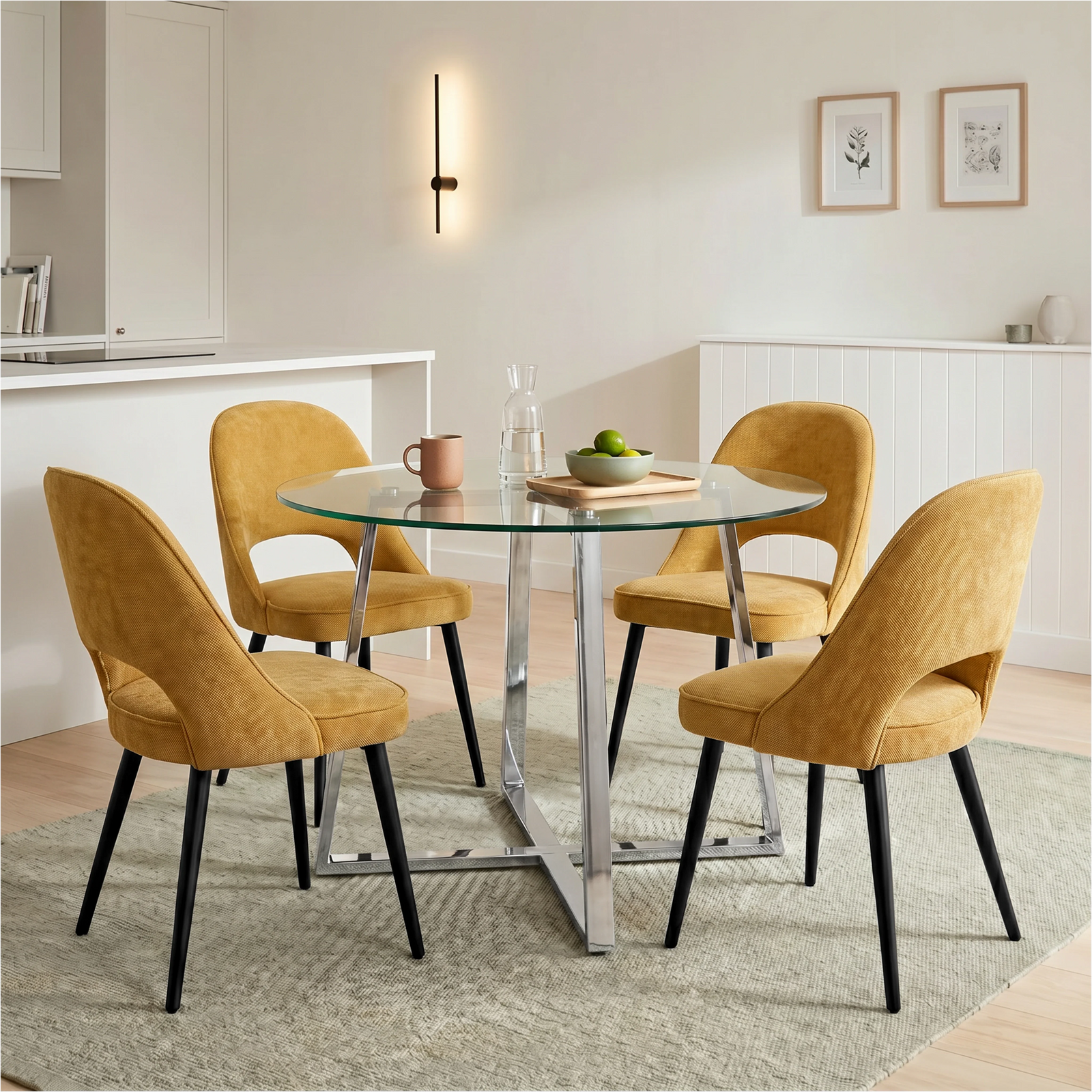 [Mustard] Kyvon round glass dining set with 110cm round table, chrome legs and 4 mustard chairs in a dining room