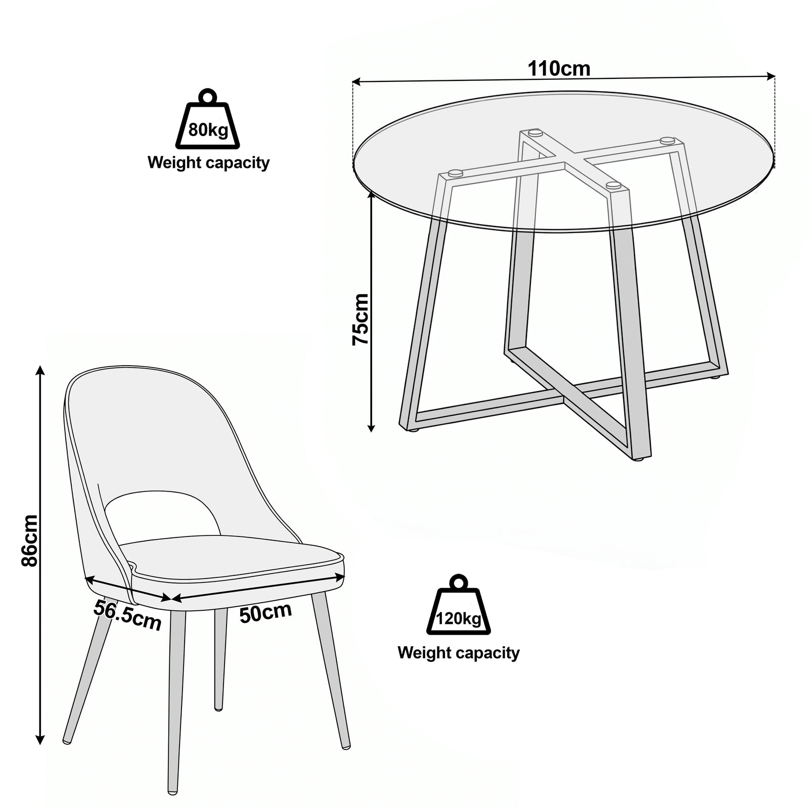 [Mustard] Kyvon size guide graphic showing 110cm round tabletop x 75H and chair 50W x 56.5D x 86H cm