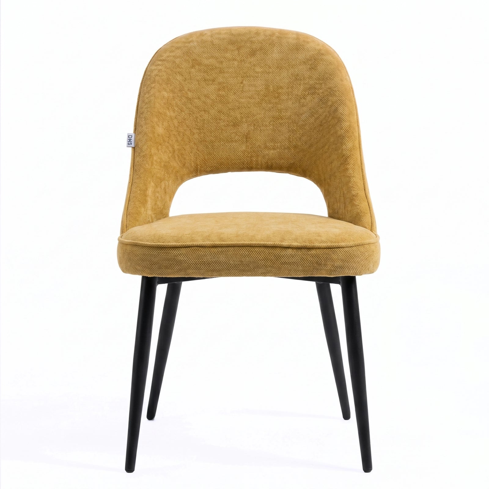 [Mustard | Tinted] Kyvon mustard upholstered fabric comfy dining chair front view with black metal legs