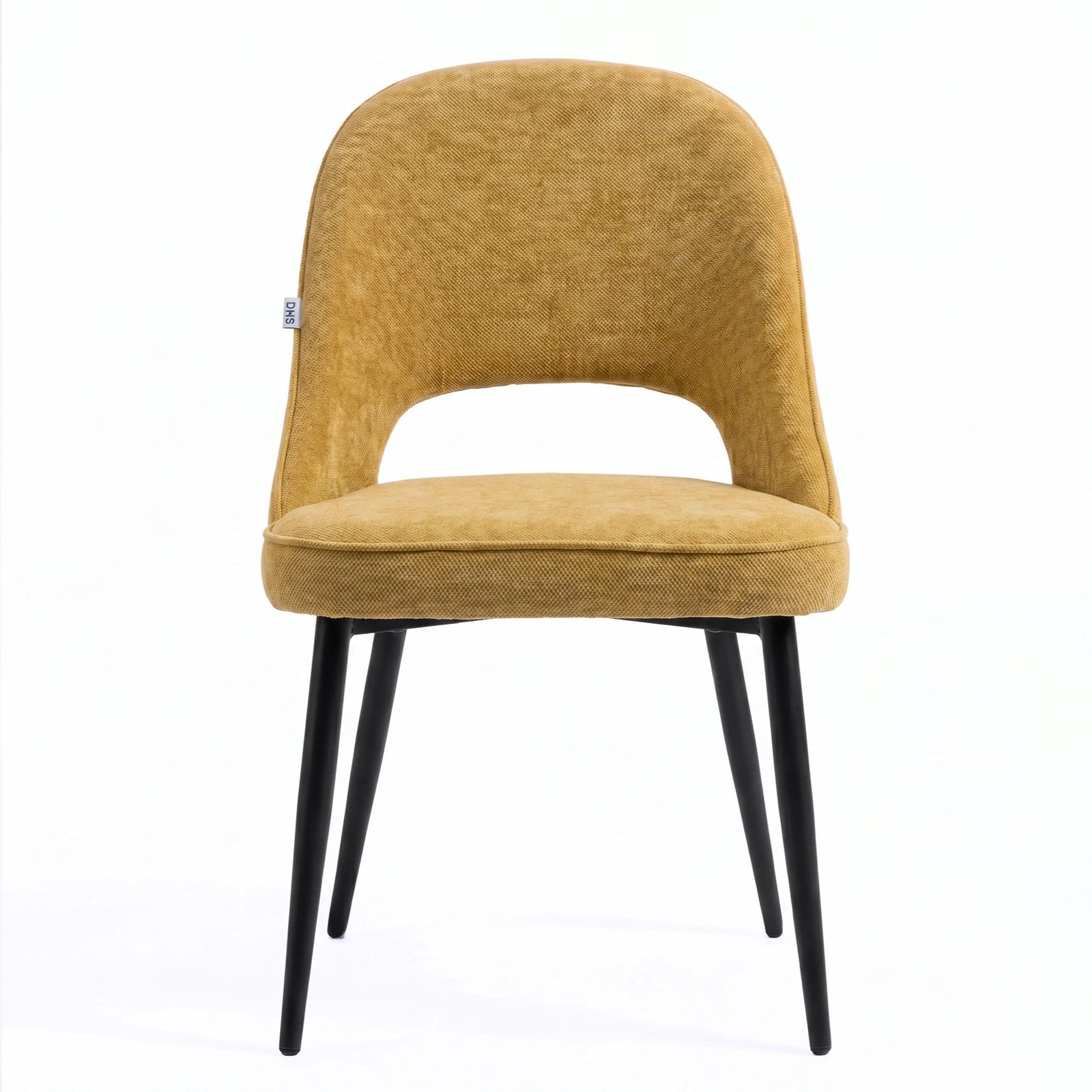 [Mustard | Tinted] Kyvon mustard upholstered fabric comfy dining chair front view with black metal legs
