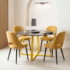 [Mustard | Tinted] Kyvon 4 seater round glass dining set with Tinted tabletop, gold legs and mustard chairs in a dining room