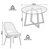 [Mustard | Tinted] Kyvon size guide graphic showing 110cm round tabletop x 75H and chair 50W x 56.5D x 86H cm