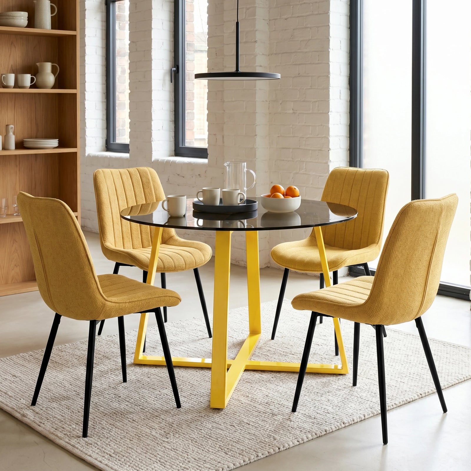 [Mustard] Kyvon 4 seater round glass dining set with mustard chairs in a dining room