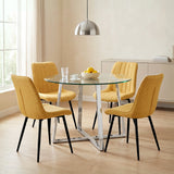 [Vertical Mustard | Clear] Kyvon dining set with 110cm round table, chrome legs and 4 mustard chairs in dining room