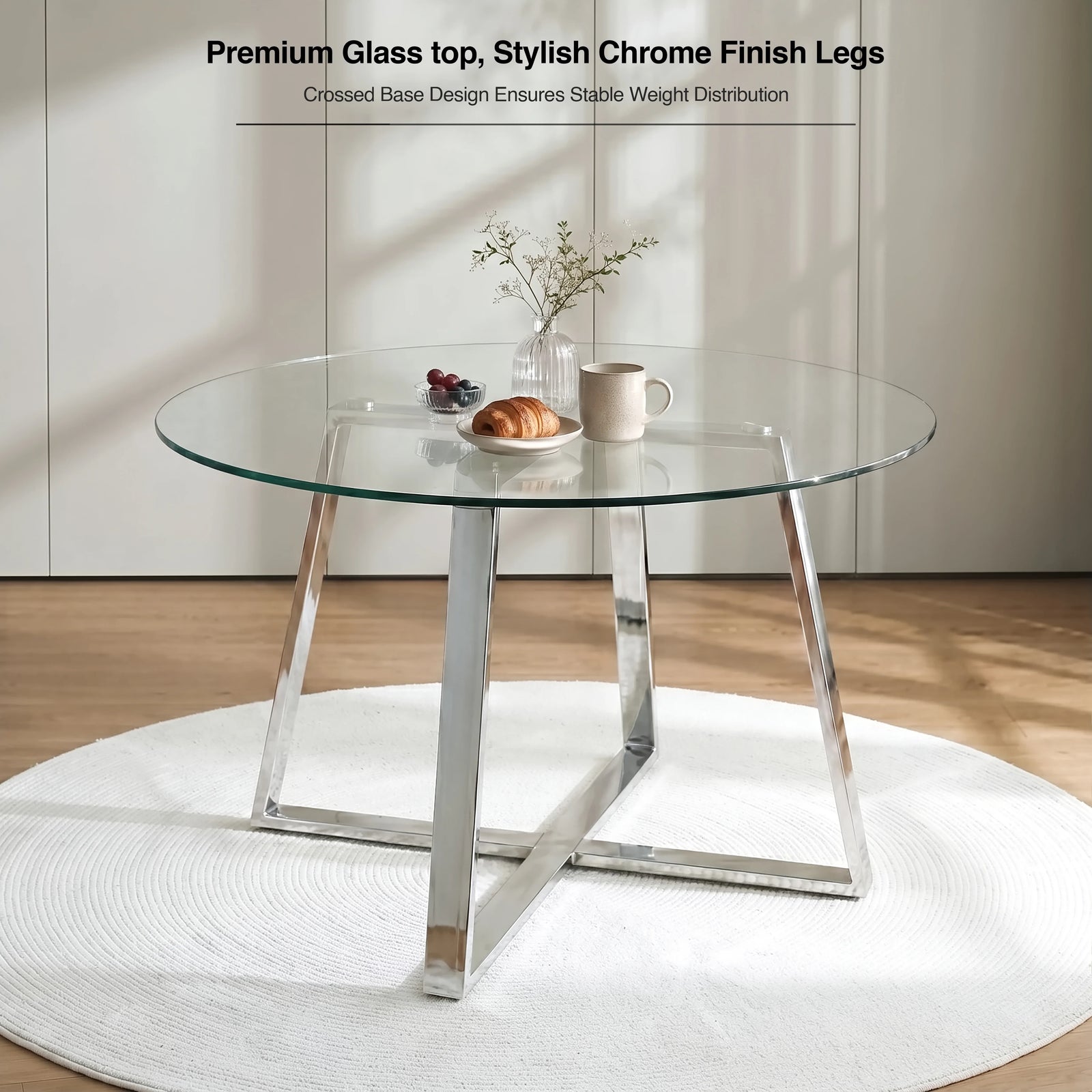 [Vertical Mustard | Clear] Kyvon 110cm round glass table graphic; text reads "Premium Glass top, Stylish Chrome Finish Legs"