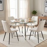 [Vertical Beige | Clear] Kyvon round glass dining table set with vertical chairs and chrome-finish iron legs in dining room