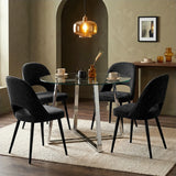 [Black | Clear] Kyvon round glass dining table set with comfy curvy chairs and chrome-finish iron legs in dining room