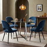 [Blue] Kyvon round glass dining table set with comfy curvy chairs and chrome-finish iron legs in dining room