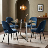 [Blue | Clear] Kyvon round glass dining table set with comfy curvy chairs and chrome-finish iron legs in dining room
