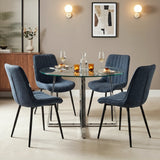 [Vertical blue | Clear] Kyvon round glass dining table set with chairs and chrome-finish iron legs in dining room