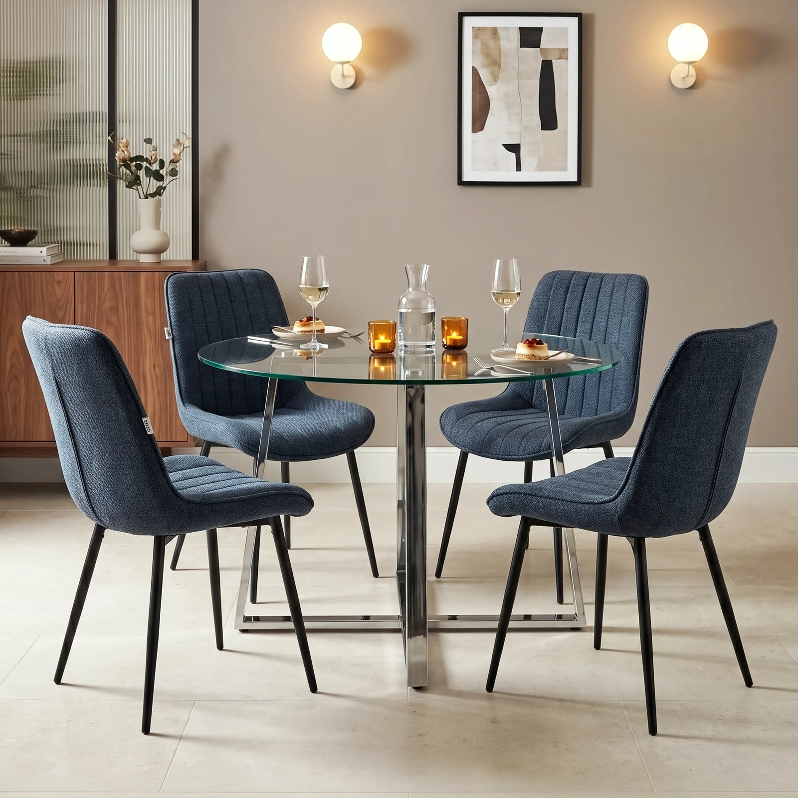 [Vertical blue | Clear] Kyvon round glass dining table set with chairs and chrome-finish iron legs in dining room