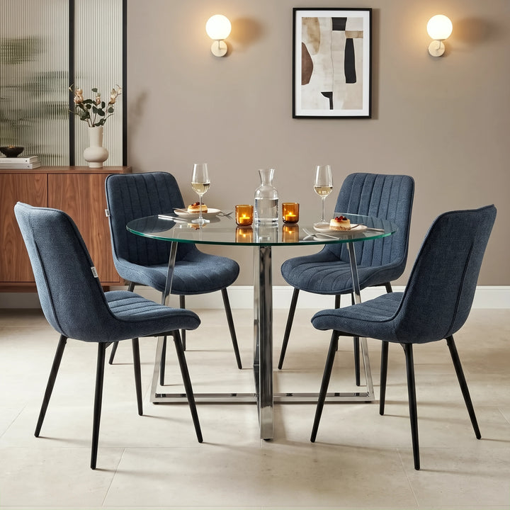 [Vertical blue | Clear] Kyvon round glass dining table set with chairs and chrome-finish iron legs in dining room