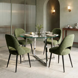 [Green] Kyvon round glass dining table set with comfy curvy chairs and chrome-finish iron legs in dining room
