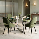 [Green | Clear] Kyvon round glass dining table set with comfy curvy chairs and chrome-finish iron legs in dining room