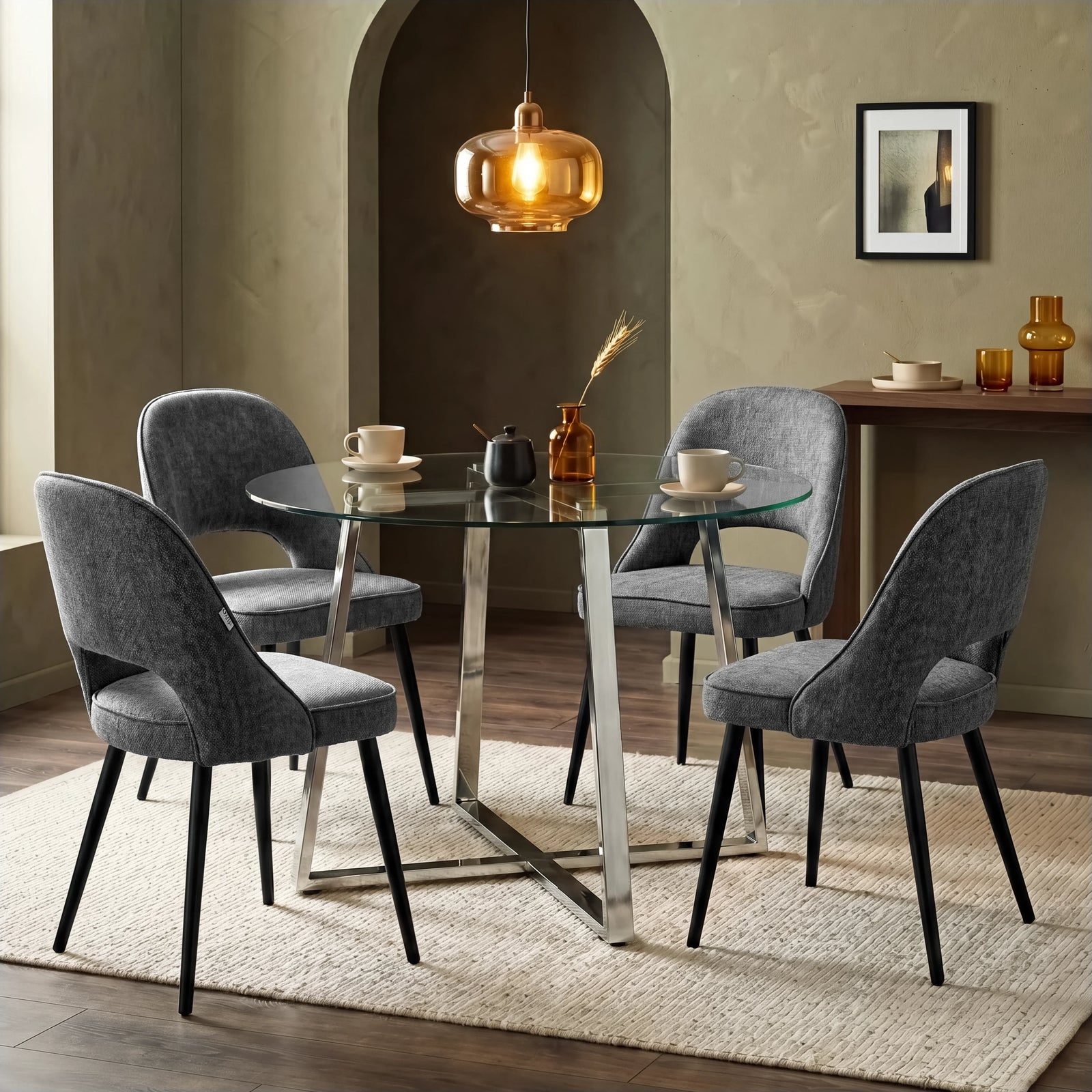 [Grey] Kyvon round glass dining table set with comfy curvy chairs and chrome-finish iron legs in dining room