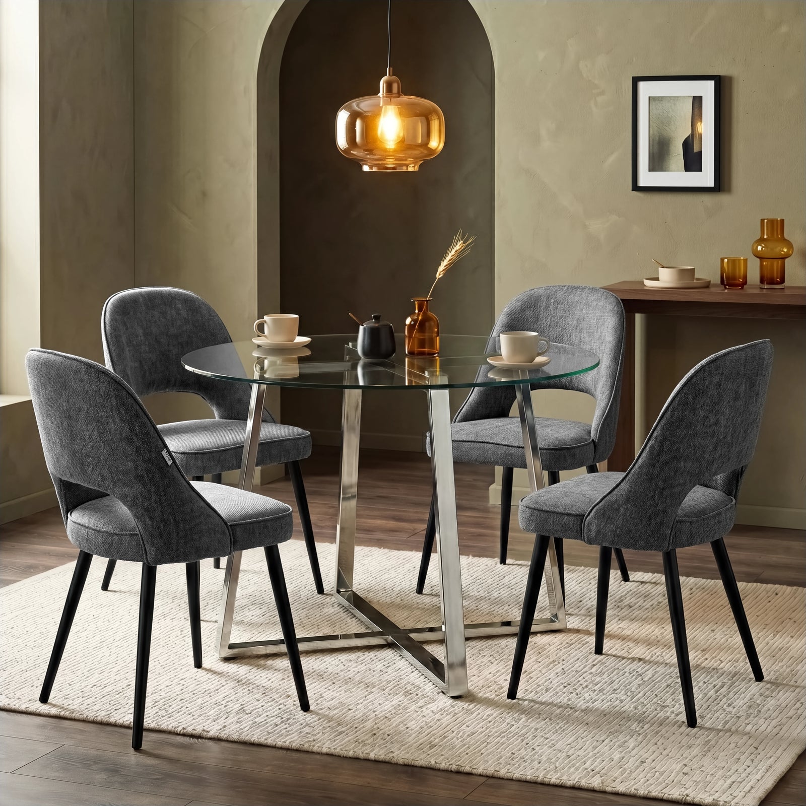 [Grey | Clear] Kyvon round glass dining table set with comfy curvy chairs and chrome-finish iron legs in dining room