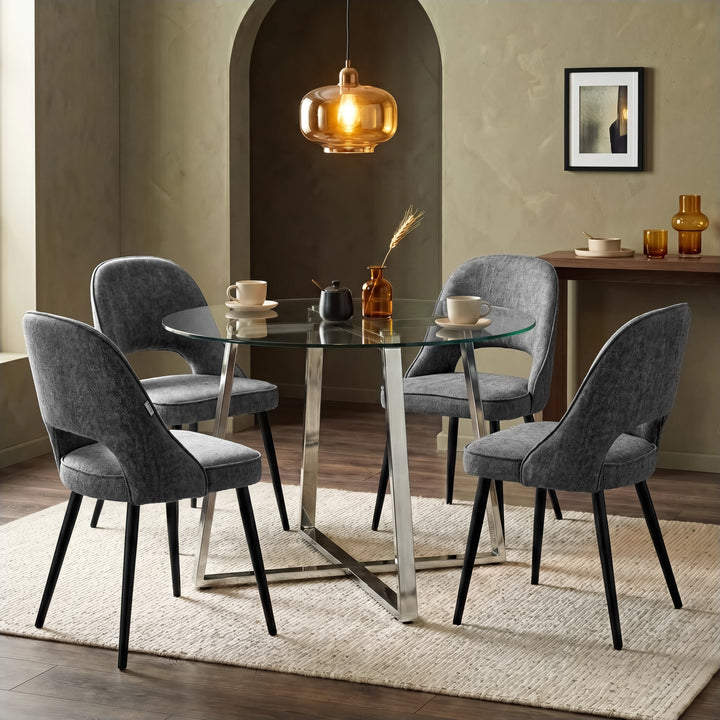 [Grey | Clear] Kyvon round glass dining table set with comfy curvy chairs and chrome-finish iron legs in dining room