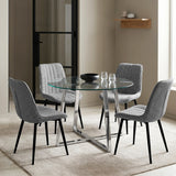 [Vertical Grey | Clear] Kyvon round glass dining table set with vertical chairs and chrome-finish iron legs in dining room