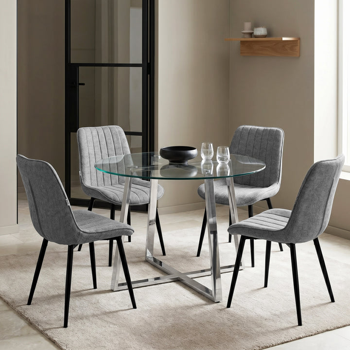 [Vertical Grey | Clear] Kyvon round glass dining table set with vertical chairs and chrome-finish iron legs in dining room