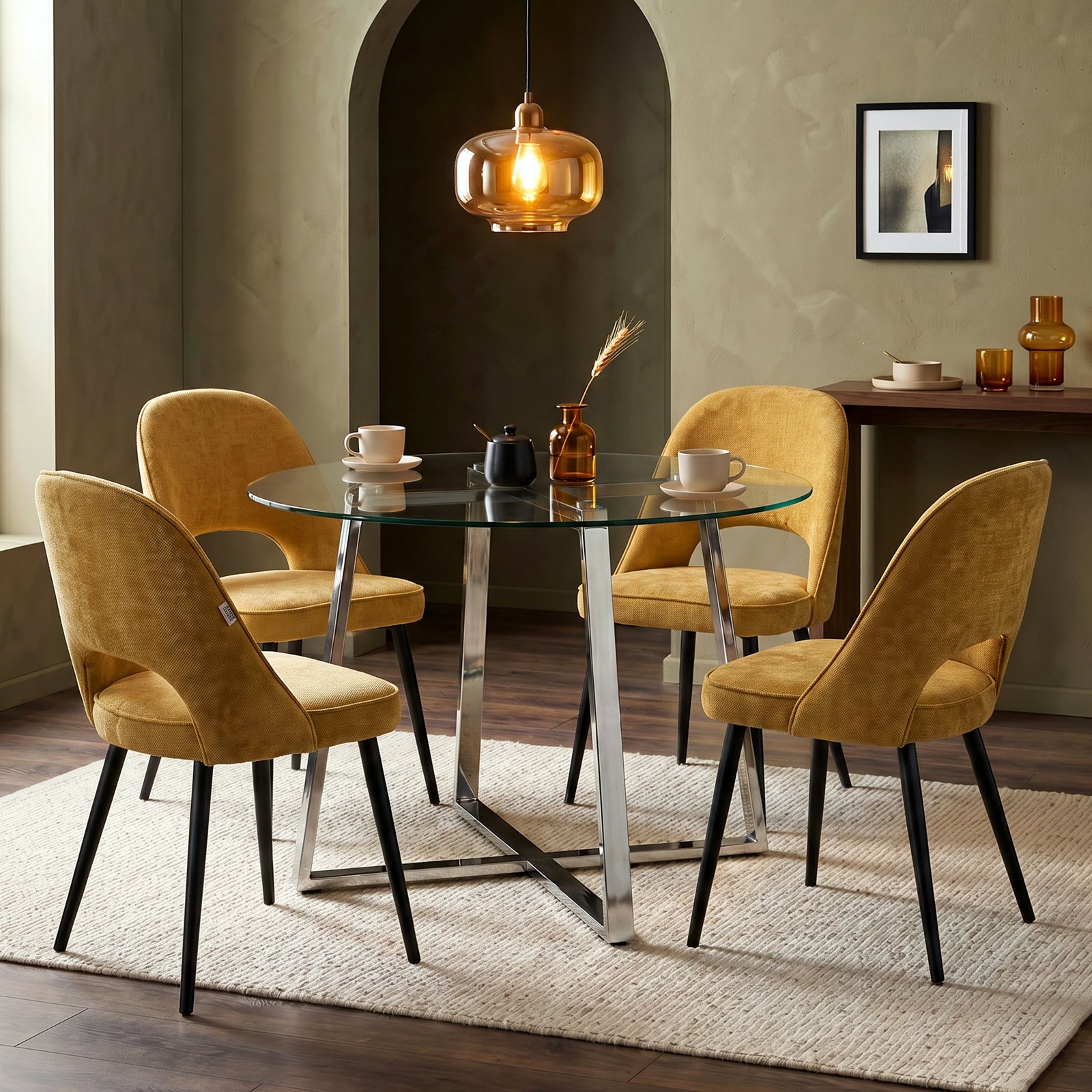 [Mustard | Clear] Kyvon round glass dining table set with comfy curvy chairs and chrome-finish iron legs in dining room