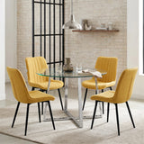 [Vertical Mustard | Clear] Kyvon round glass dining table set with 4 vertical chairs and chrome-finish legs in dining room