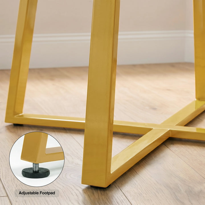 [Tinted] Kyvon gold table legs close-up graphic with inset text reading "Adjustable Footpad"