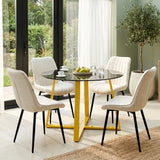[Beige] Kyvon round glass dining table set with vertical chairs and golden iron legs in dining room