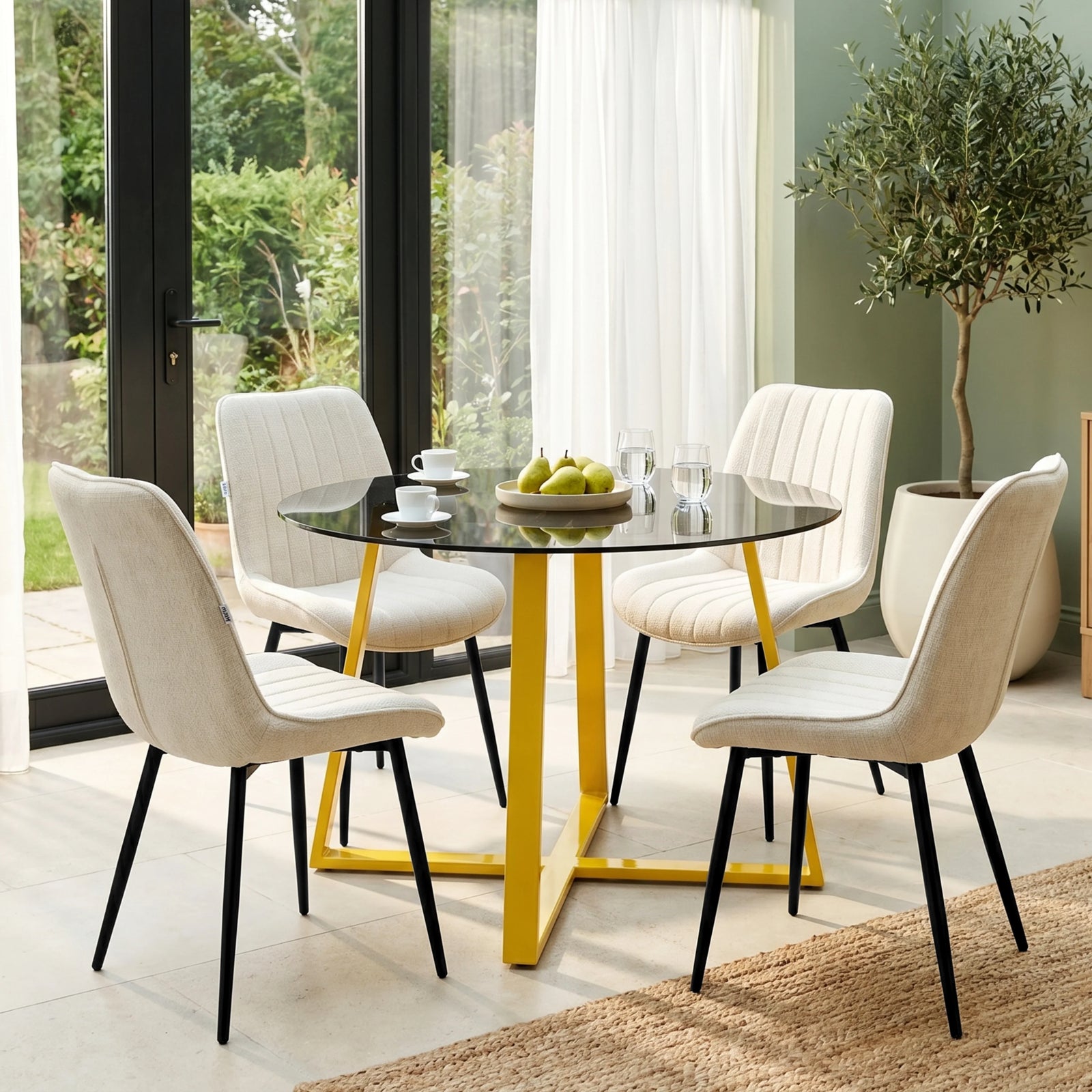 [Beige] Kyvon round glass dining table set with vertical chairs and golden iron legs in dining room