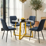 [Blue] Kyvon round glass dining table set with vertical chairs and golden iron legs in dining room