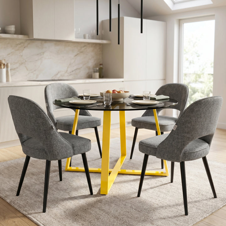 [Grey | Tinted] Kyvon round glass dining table set with comfy curvy chairs and golden iron legs in dining room