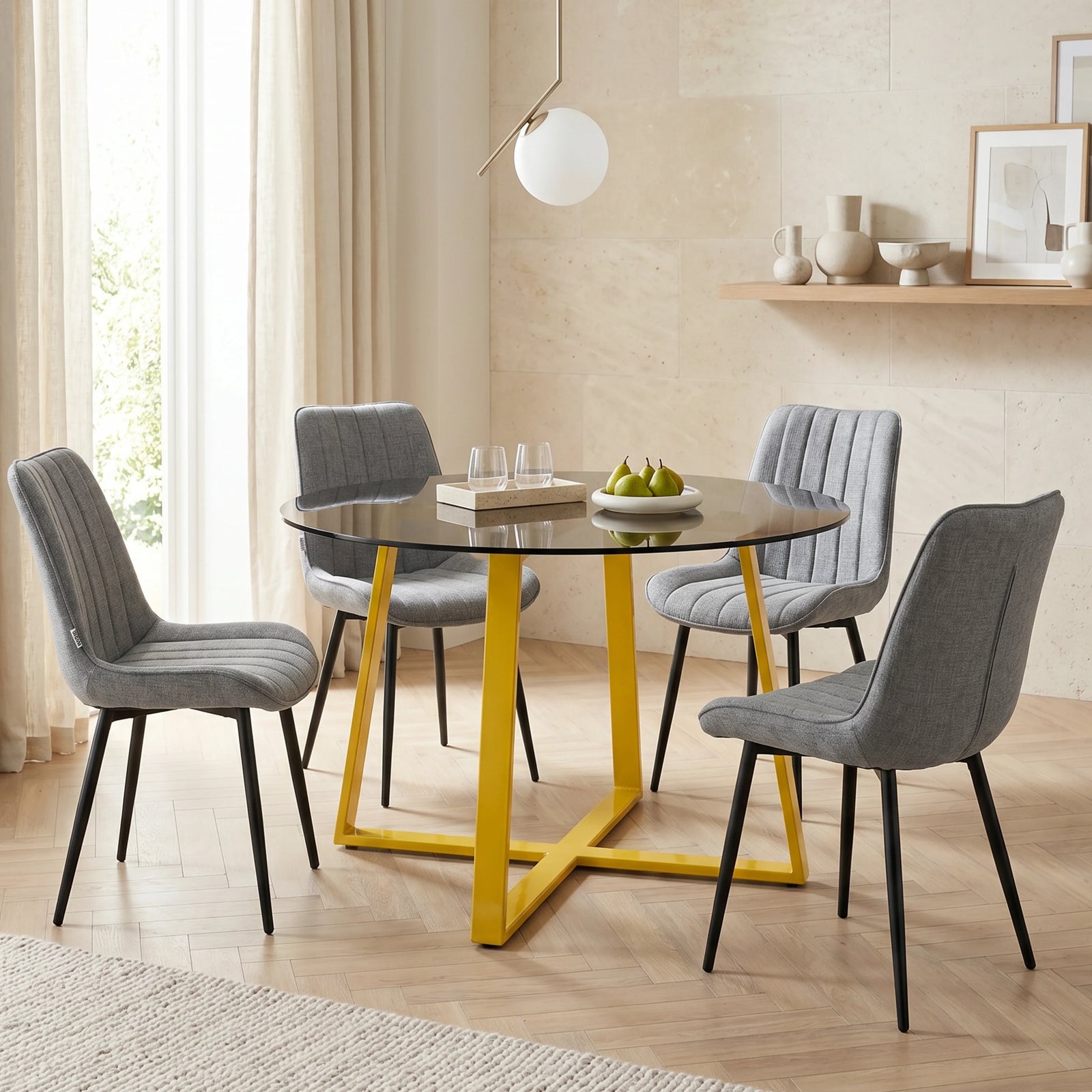 [Grey] Kyvon round glass dining table set with vertical chairs and golden iron legs in dining room