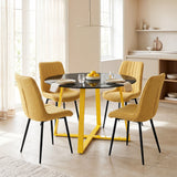 [Mustard] Kyvon round glass dining table set with vertical chairs and golden iron legs in dining room