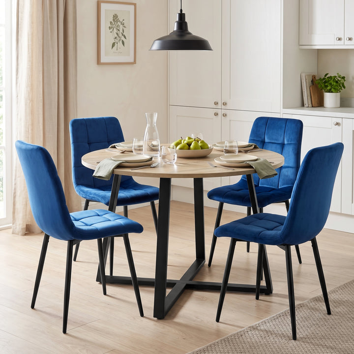[Blue | Sonoma Oak] Kyvon round dining table set with 4 blue velvet chairs in a dining room