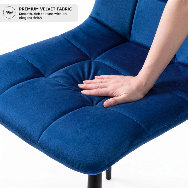 [Blue | Sonoma Oak] Kyvon chair close-up: Premium Velvet Fabric, padded blue velvet tufted seat