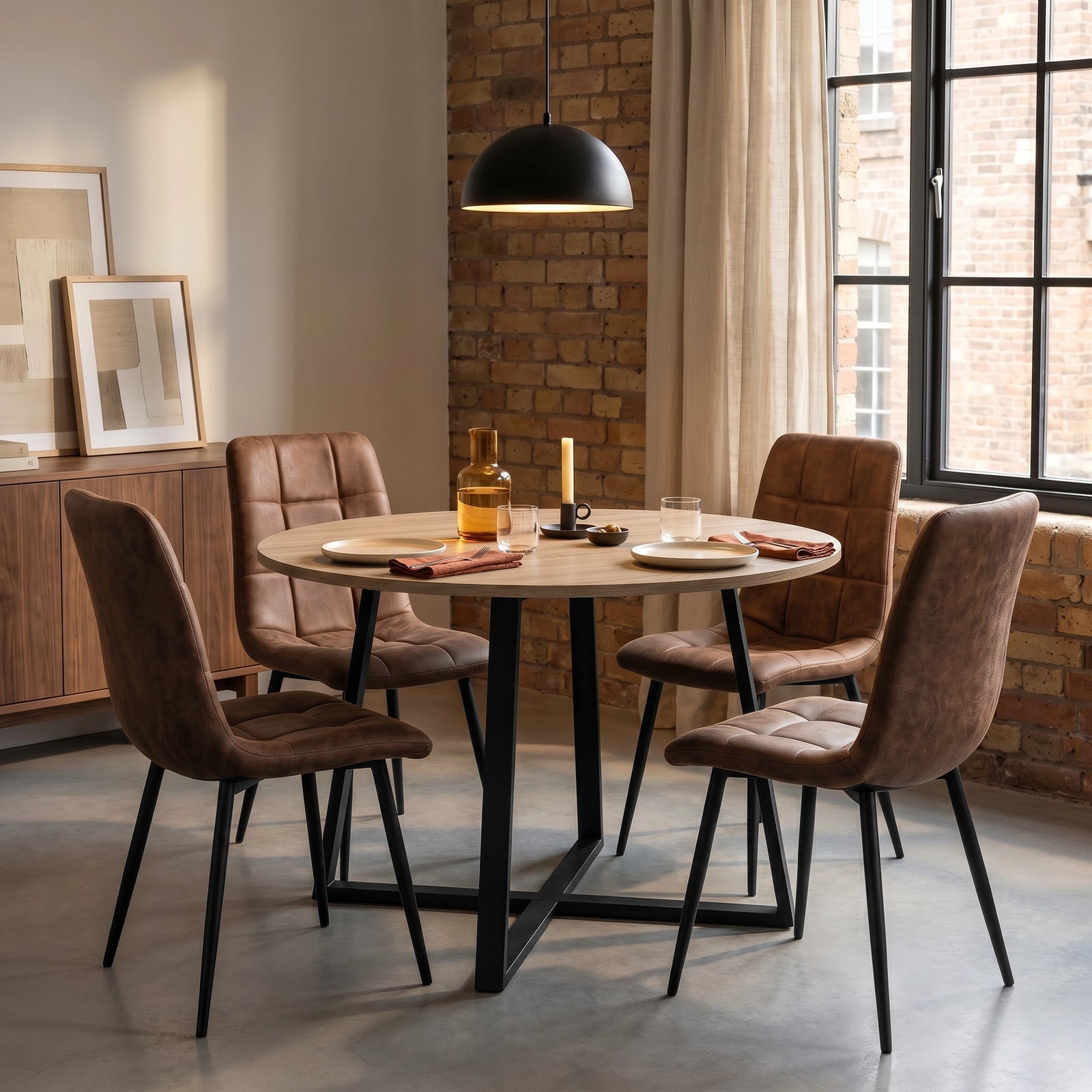 [Brown | Sonoma Oak] Kyvon round dining table set with 4 brown suede chairs in a dining room