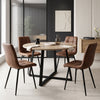 [Brown | Sonoma Oak] Kyvon round dining table set with 4 brown suede chairs in a styled room