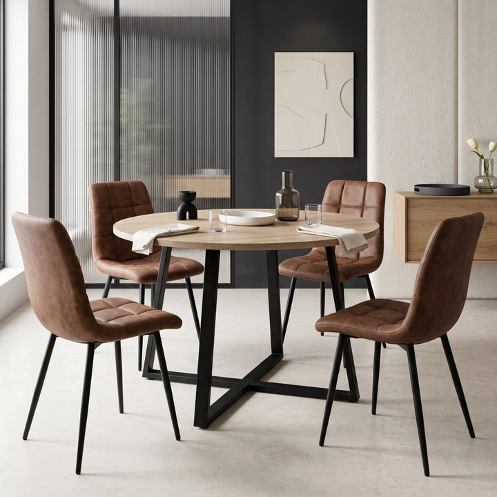 [Brown | Sonoma Oak] Kyvon round dining table set with 4 brown suede chairs in a styled room