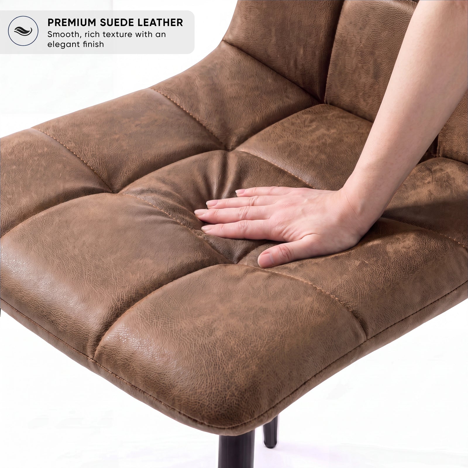 [Brown | Sonoma Oak] Kyvon chair close-up: Premium Suede, padded brown suede tufted seat