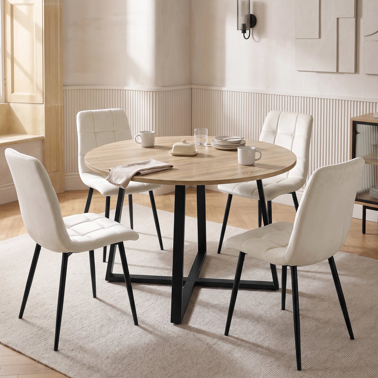 [Cream | Sonoma Oak] Kyvon round dining table set with 4 cream velvet chairs in a dining room