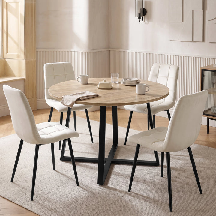 [Cream | Sonoma Oak] Kyvon round dining table set with 4 cream velvet chairs in a dining room