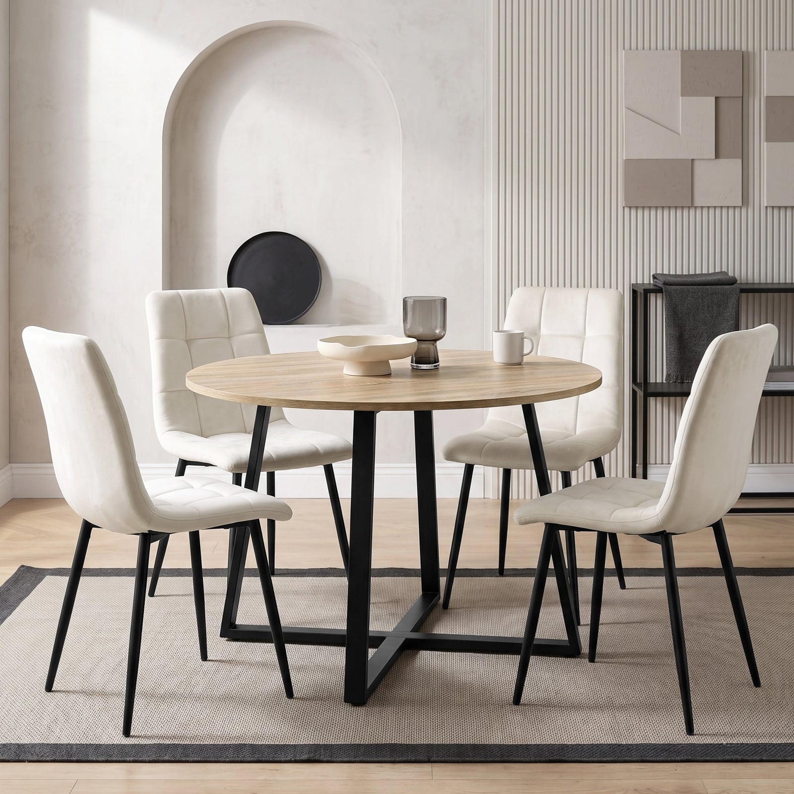 [Cream | Sonoma Oak] Kyvon round dining table set with 4 cream velvet chairs in a styled room