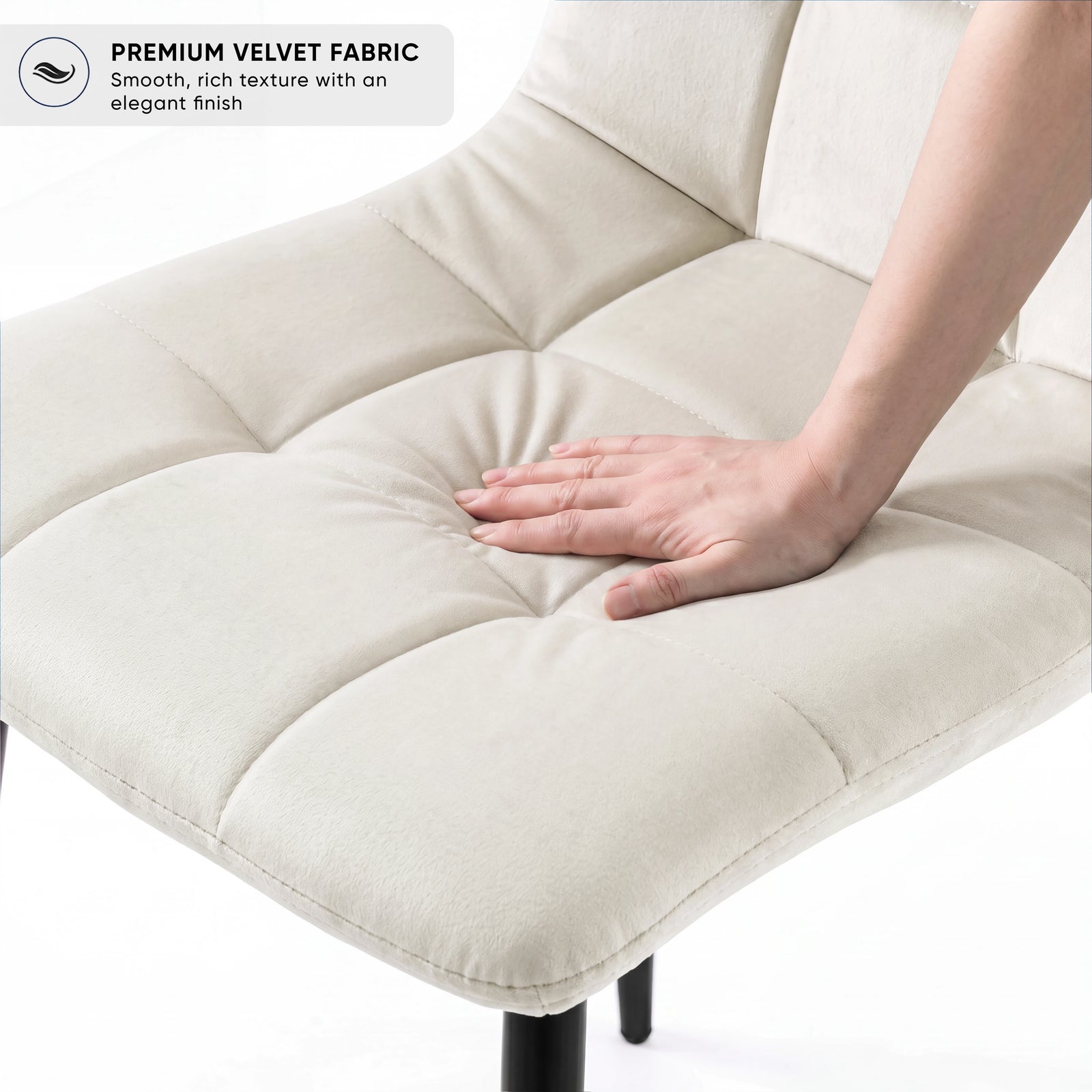 [Cream | Sonoma Oak] Kyvon chair close-up: Premium Velvet Fabric, padded cream velvet tufted seat