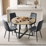 [Dark Grey | Sonoma Oak] Kyvon round dining table set with 4 dark grey velvet chairs in a dining room