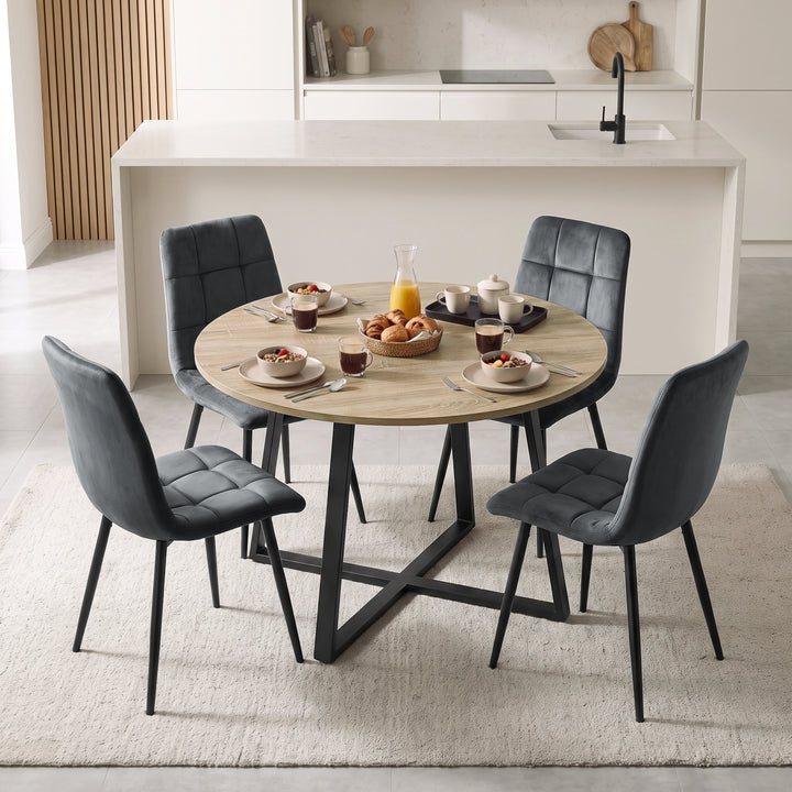 [Dark Grey | Sonoma Oak] Kyvon round dining table set with 4 dark grey velvet chairs in a dining room