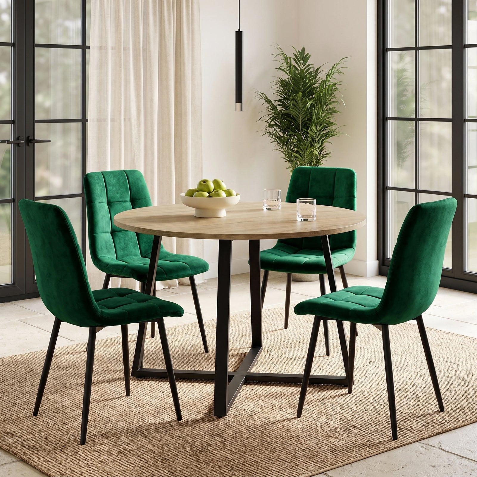 [Green | Sonoma Oak] Kyvon round dining table set with 4 green velvet chairs in a dining room