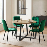 [Green | Sonoma Oak] Kyvon round dining table set with 4 green velvet chairs in a styled room